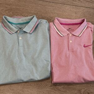 Nike Dri-Fit Polo Shirt Mens Large Teal Pink Striped Swoosh Golf Casual Lot Of 2
